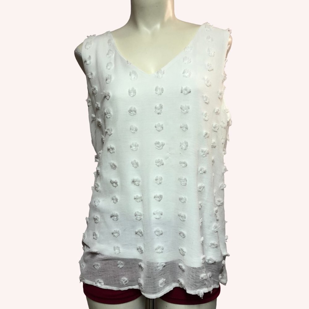 LAFFAIRE White Sleeveless V-Neck Top With Material Dots